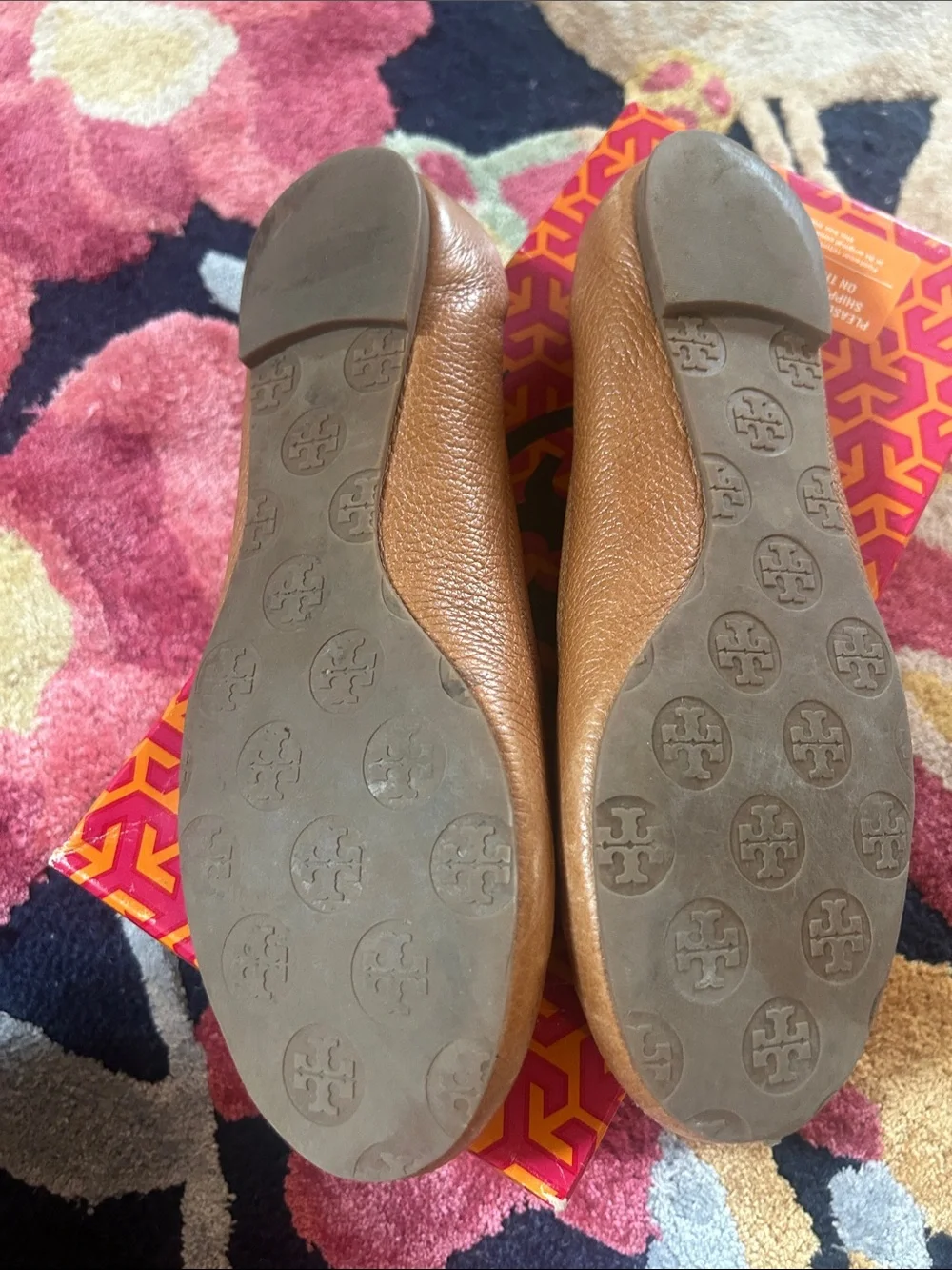Tory Burch Reva Tan Leather Logo Ballet Flats